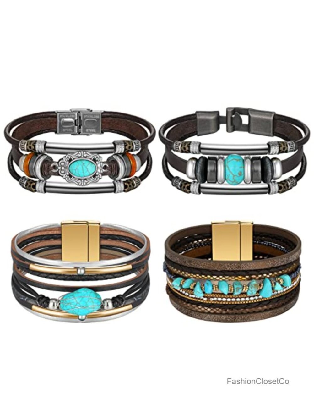 4 Pcs Turquoise Bracelets Women Cowboy Chic Western Boho Leather Multi Layer